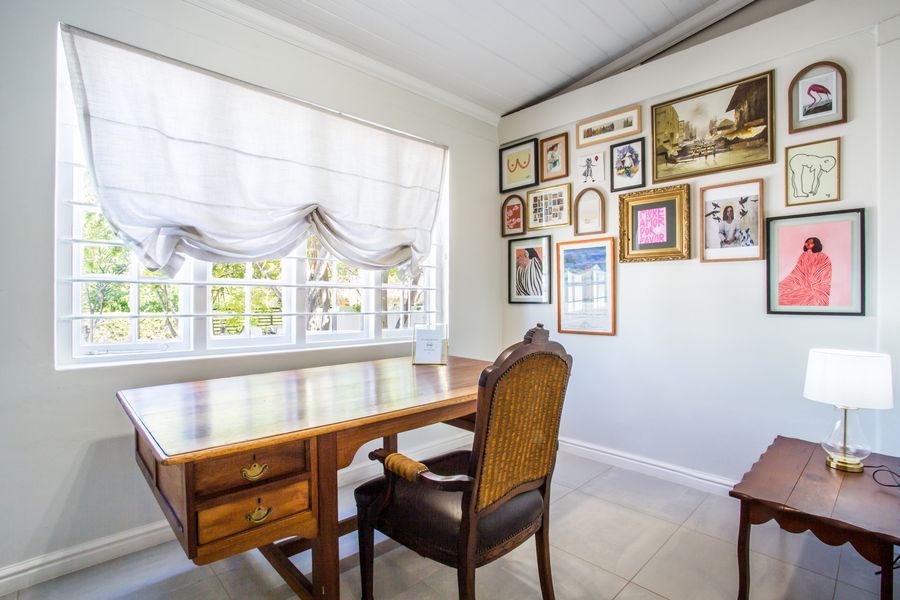 Writing desk under a gallery wall